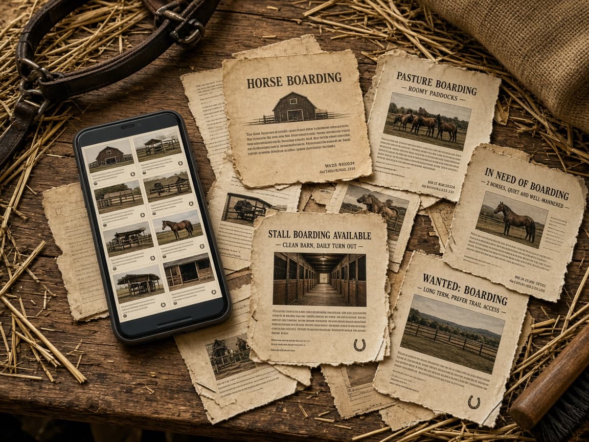 A phone showing a crowded grid of horse classifieds beside overlapping boarding flyers on a wooden table.