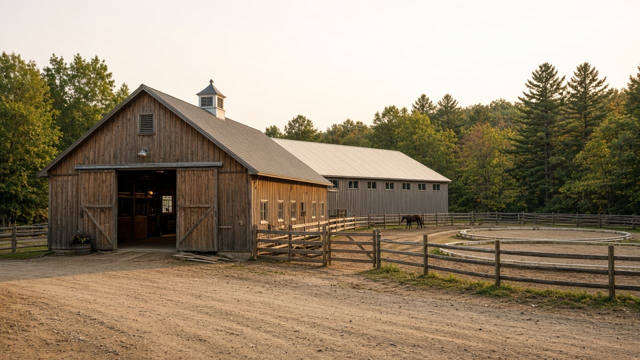 Wooden boarding barn with an attached indoor, paddocks, and an outdoor ring at Daya’s Farm.