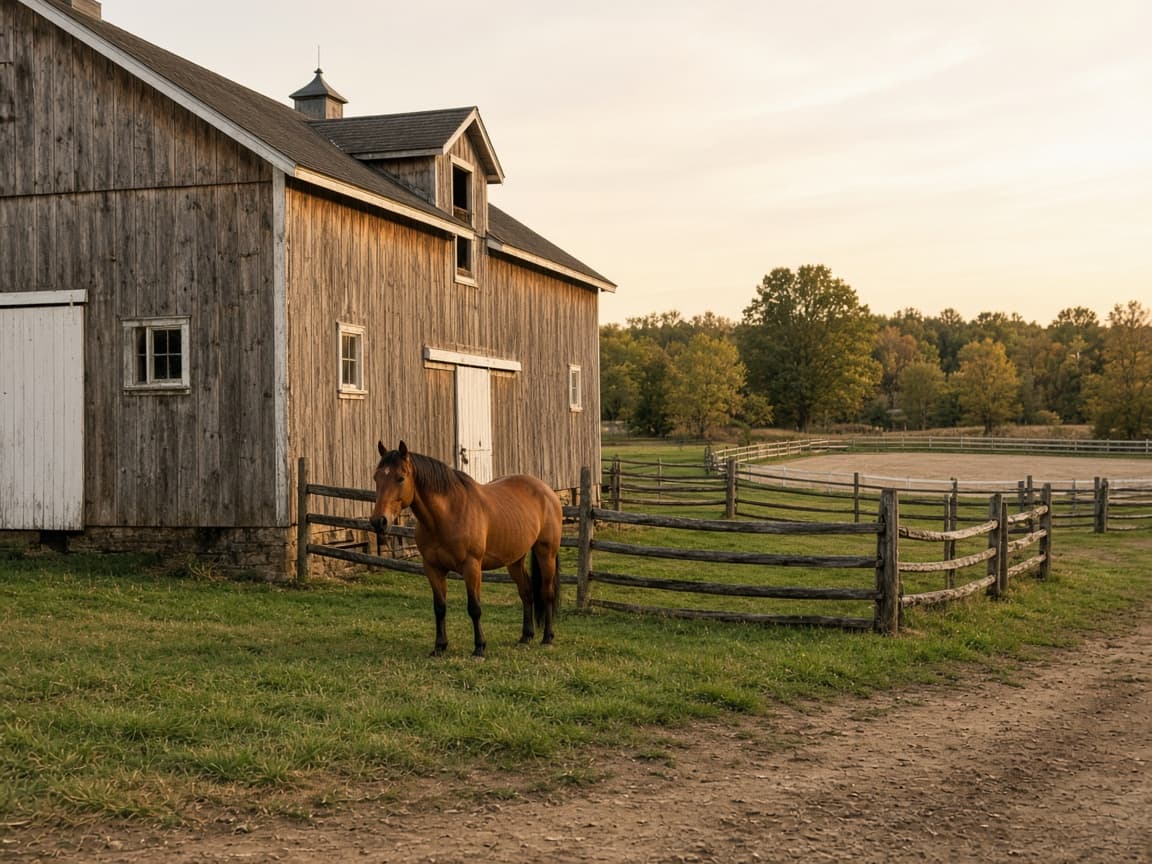 A bay horse standing beside a wooden New England barn, paddock fence, and outdoor ring.